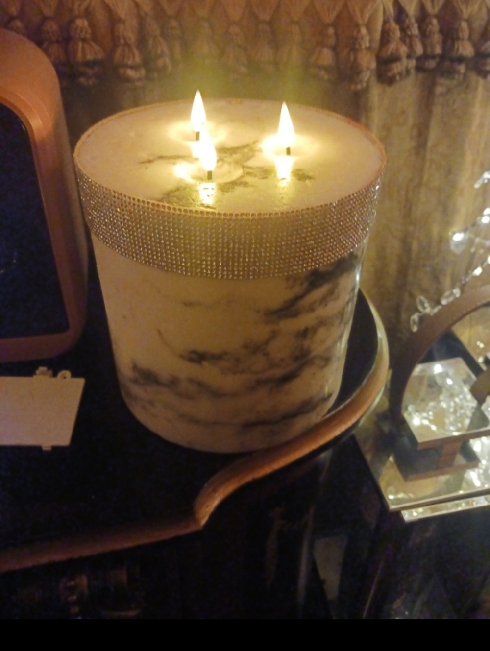 Decorative Cream Marble-Effect Three-Wick Candle with Rhinestone Trim
